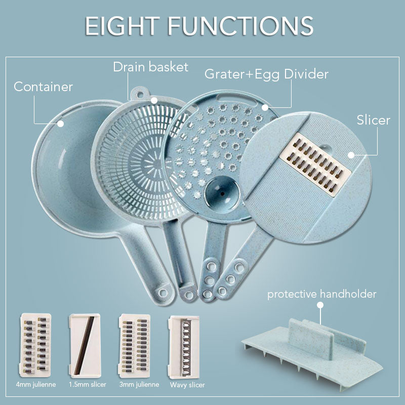 Mandoline Vegetable Cutter Slicer Grater Strainer Basket & Egg Yolk Separator  8 in 1 Kitchen Tool