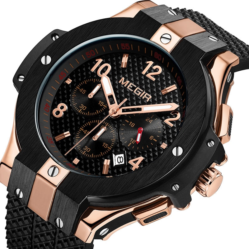 Men’s Quartz Gold Rubber Band 3ATM Water Resistant Chronograph Quartz Wrist Watch
