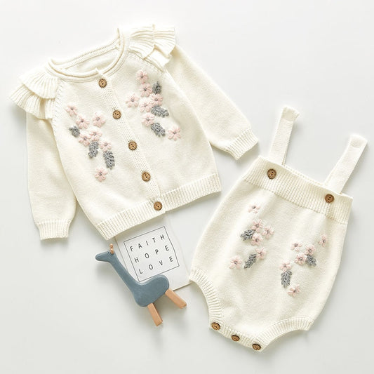 Children’s Girls Knit Long Sleeve Flower Coat + Rompers Set