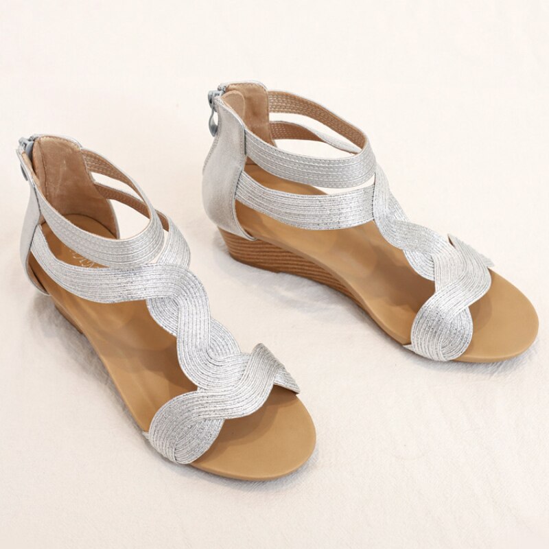 Women’s Soft Leather T Strap Zipper Open Cover Wedges