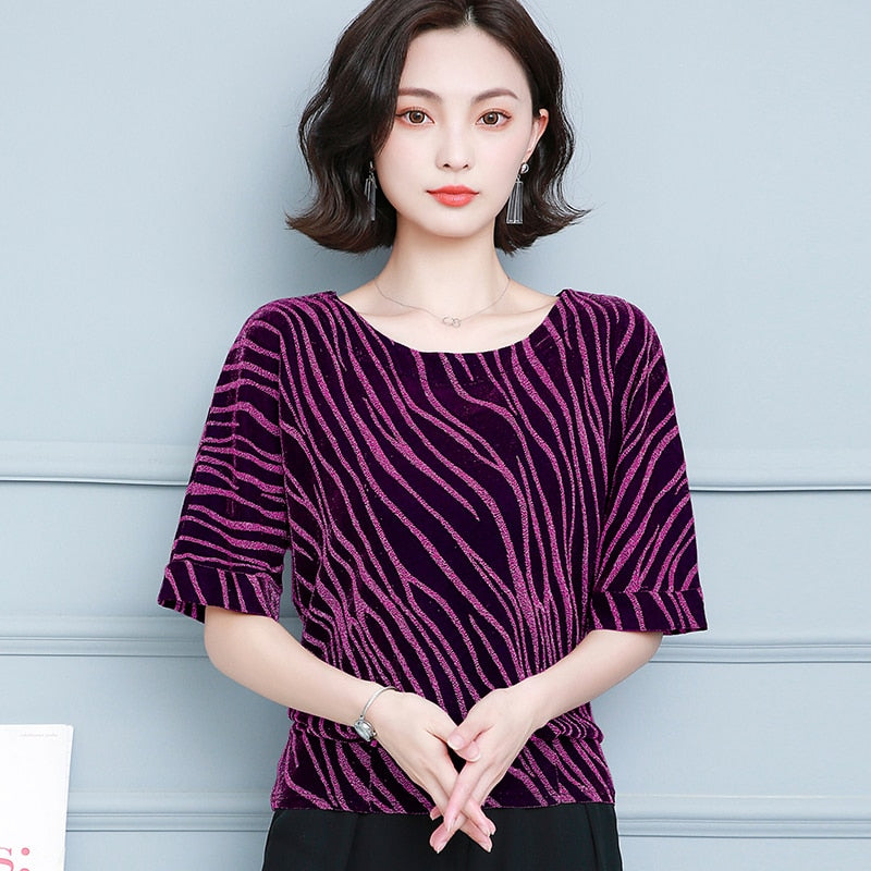 Women’s  Short Sleeve Striped  Women Cotton Casual O Neck Shirt