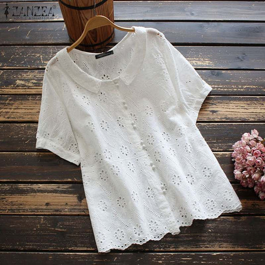 Women’s Embroidered Lace Short Sleeve Casual Button O Neck Tunic Top