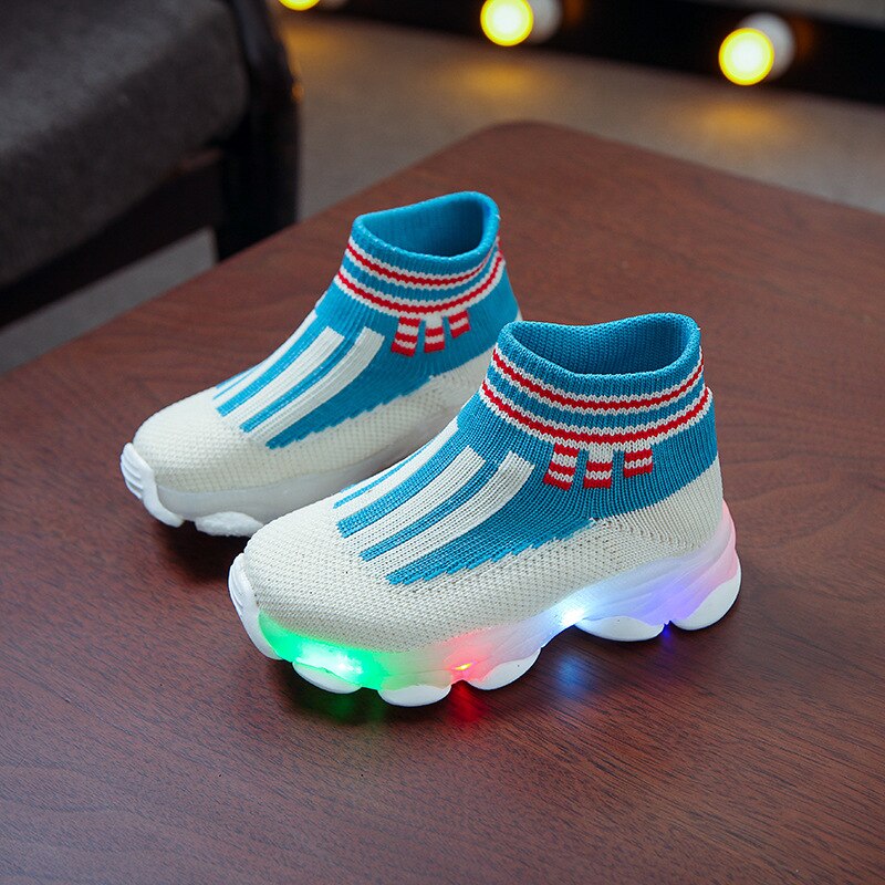 Children’s Boys Breathable Stretchable Air Mesh Socks Sports Light Up Shoes Size 21-30