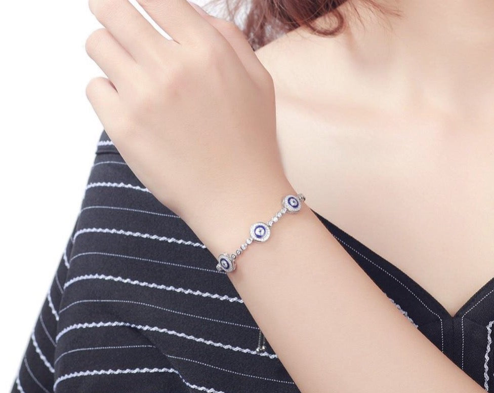 Women’s 925 Sterling Silver Evil Eye Lucky Hamsa Tennis Bracelet With CZ Crystal Weight 7 Grams Adjustable 25cm