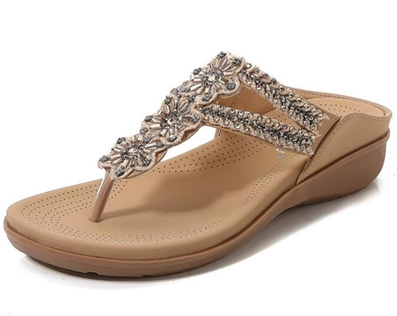 Women’s Fashion Flowers Beaded Rhinestone Casual Slip On Wedge Sandals