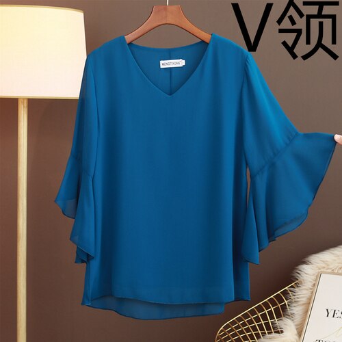 Women’s  Trumpet Sleeves O-Neck Chiffon  Top Size L-6XL