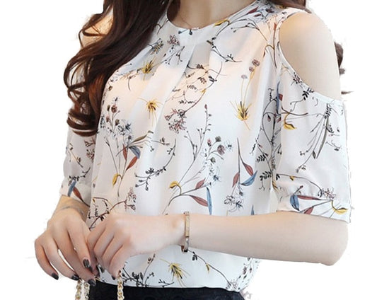 Women’s Chiffon Floral Print Cold Shoulder Blouse