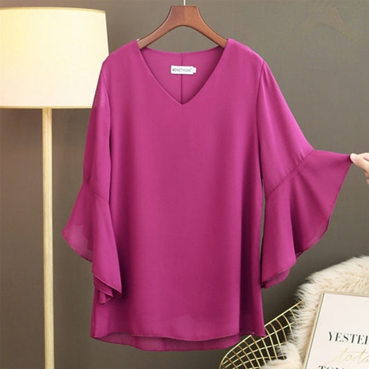 Women’s  Fashion Loose V-neck Horn Short Sleeve Casual Chiffon Top