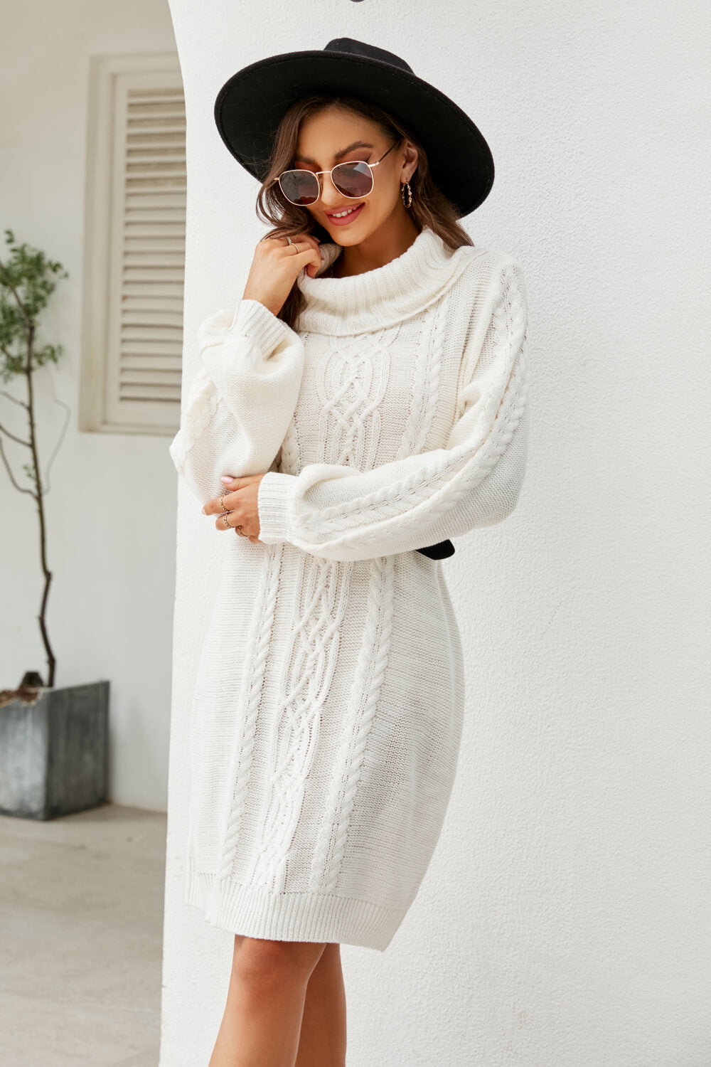Women’s Mixed Knit Turtleneck Lantern Sleeve Sweater Dress