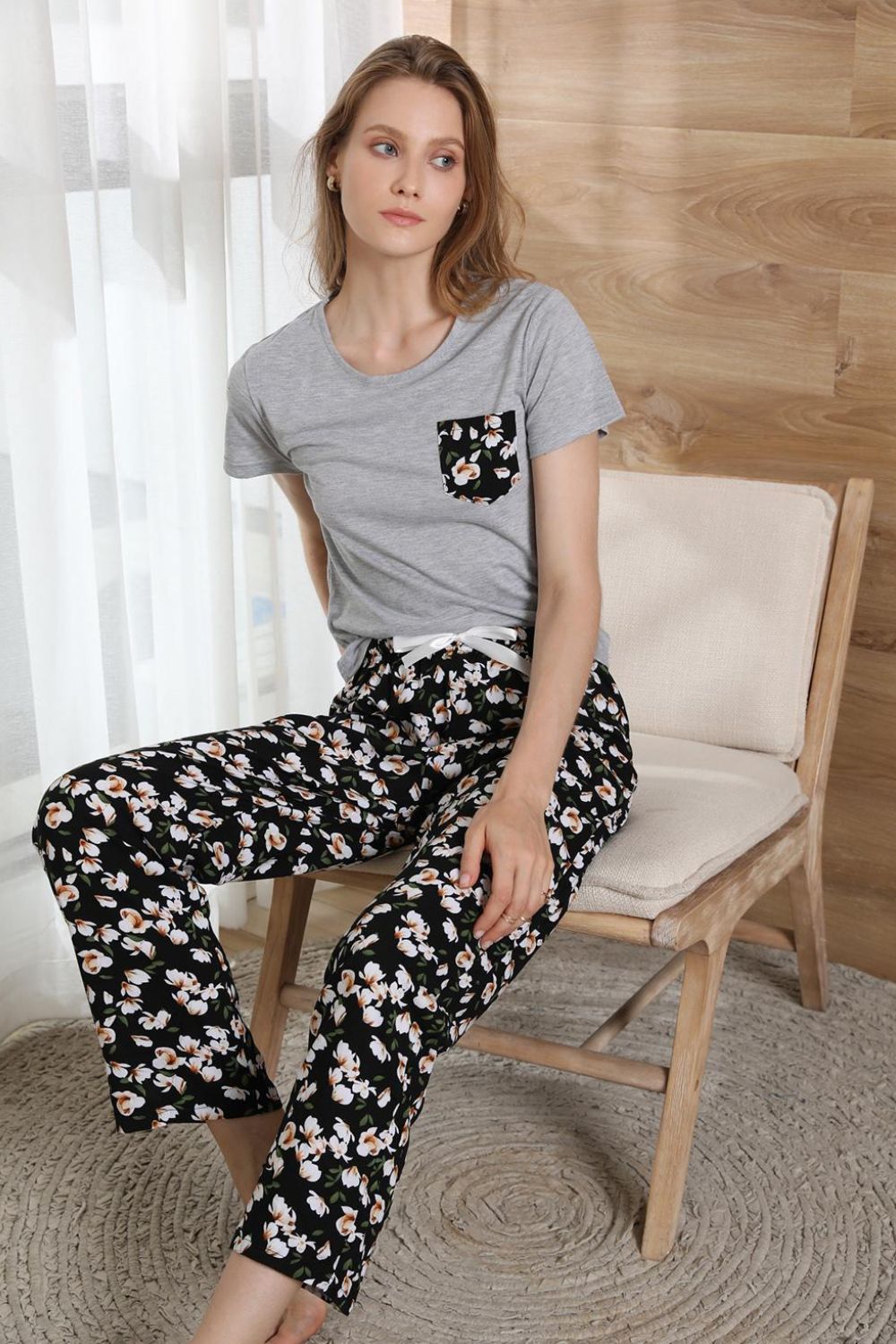 Women’s Round Neck T-Shirt and Floral Pants Lounge Set