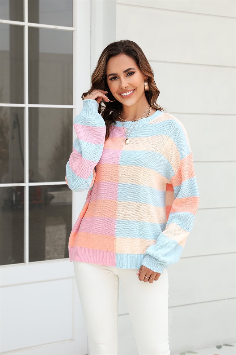 Women’s Round Neck Long Sleeve Color Block Dropped Shoulder Pullover Sweater