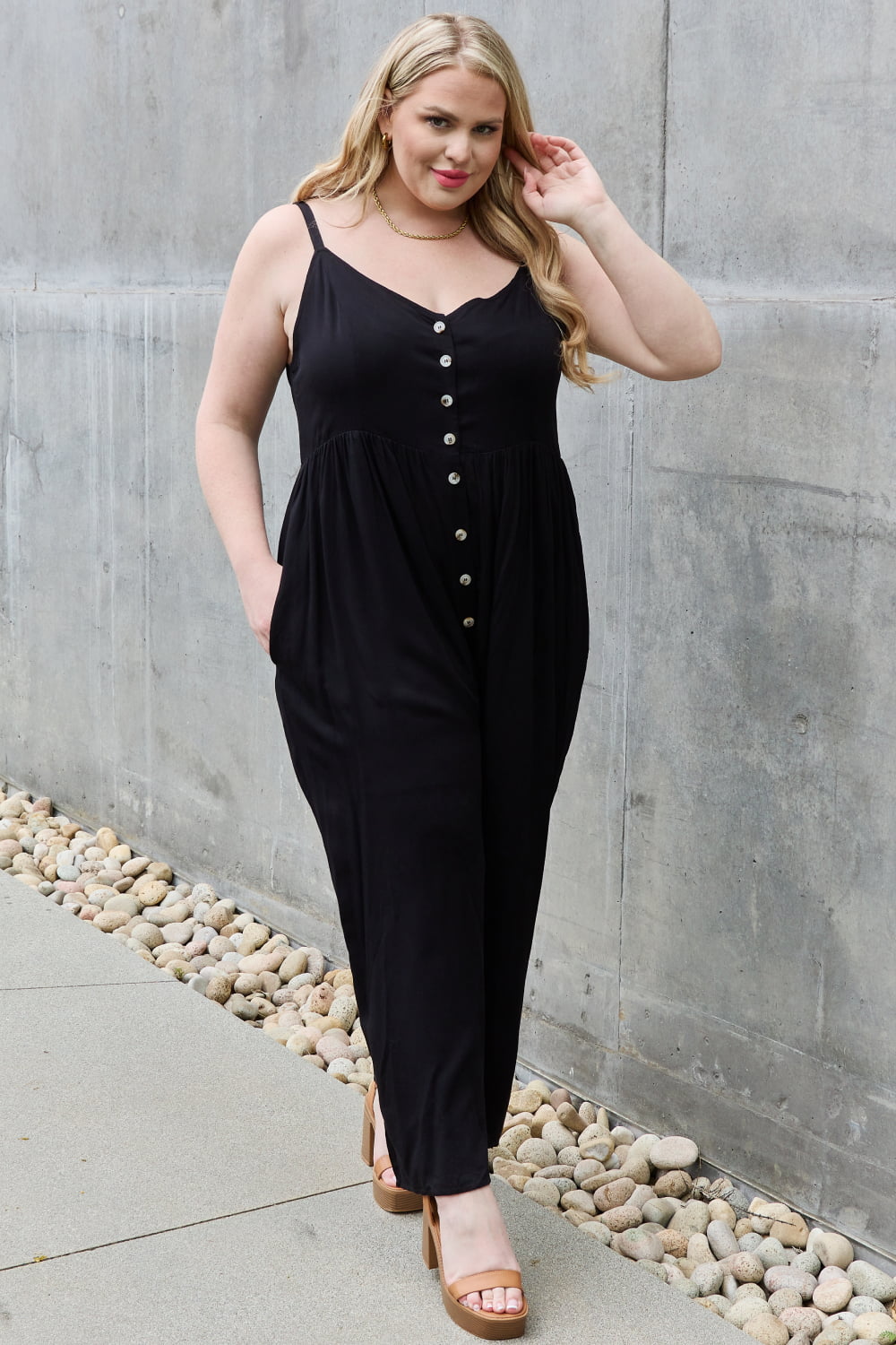 Women’s HEYSON All Day Full Size Wide Leg Button Down Jumpsuit in Black