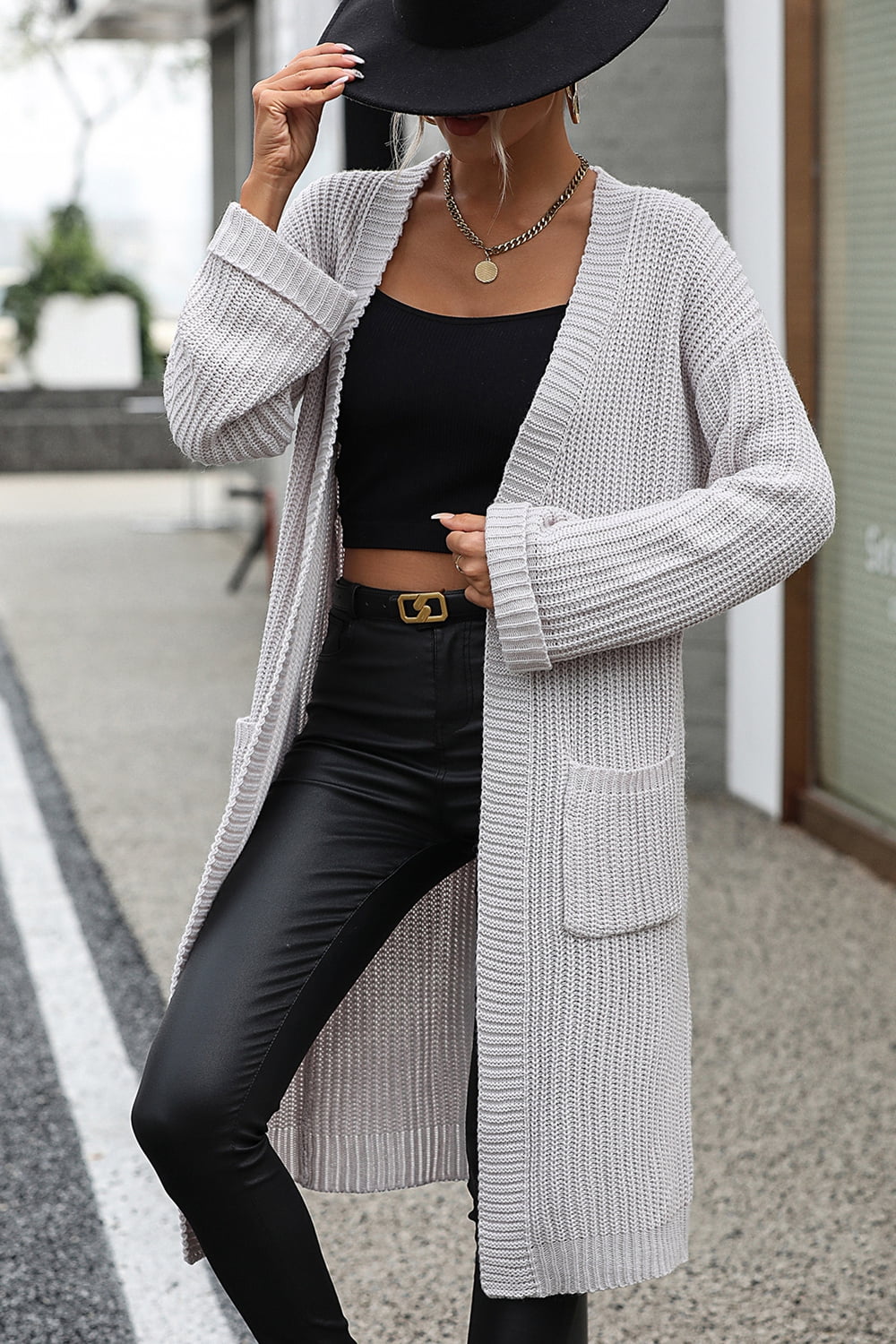 Women’s Dropped Shoulder Long Sleeve Cardigan with Pocket