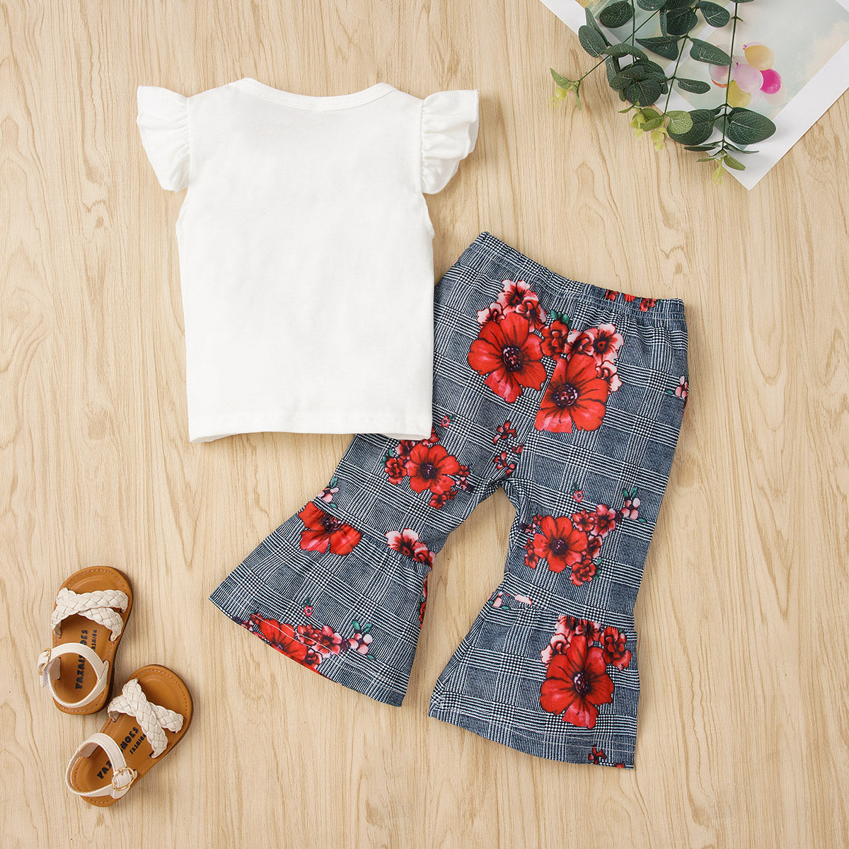 Children’s Girls Graphic Tie Hem Top and Floral Flare Pants Set