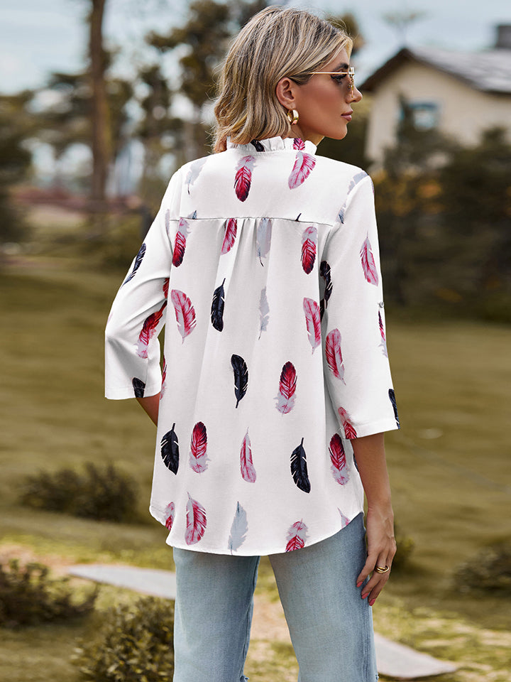 Women’s Printed Roll-Tab Sleeve Notched Neck Blouse