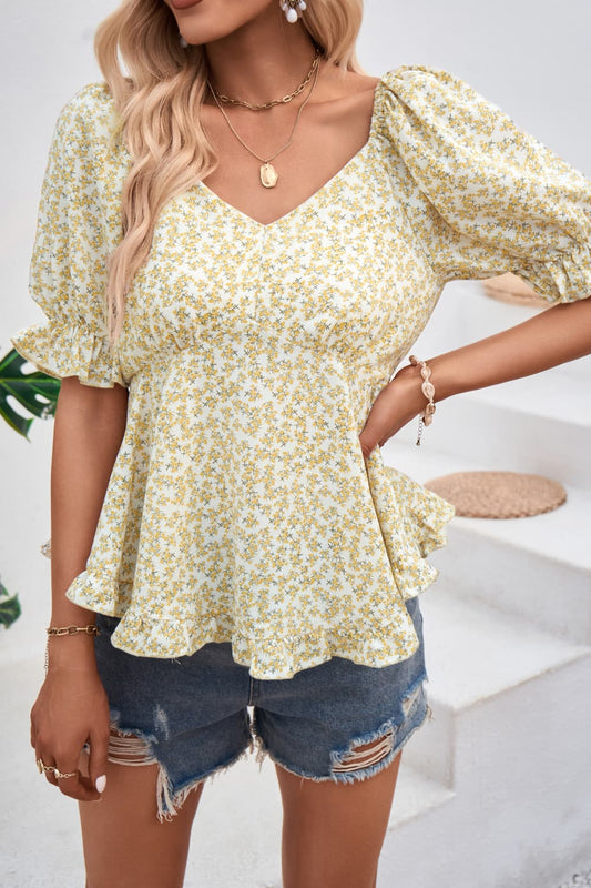 Women’s V-Neck Flounce Sleeve Blouse