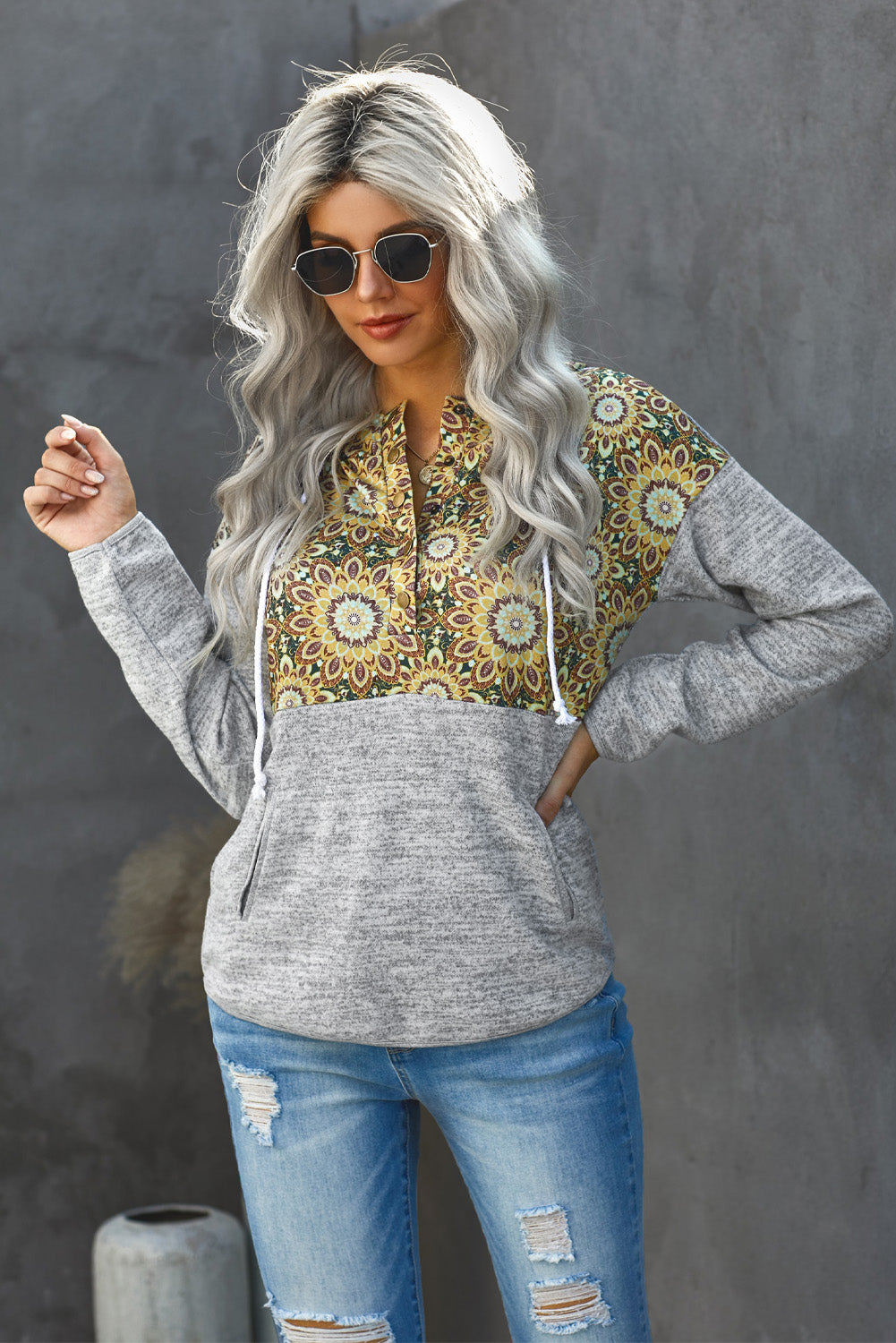 Women’s Retro Floral Contrast Panel Hoodie