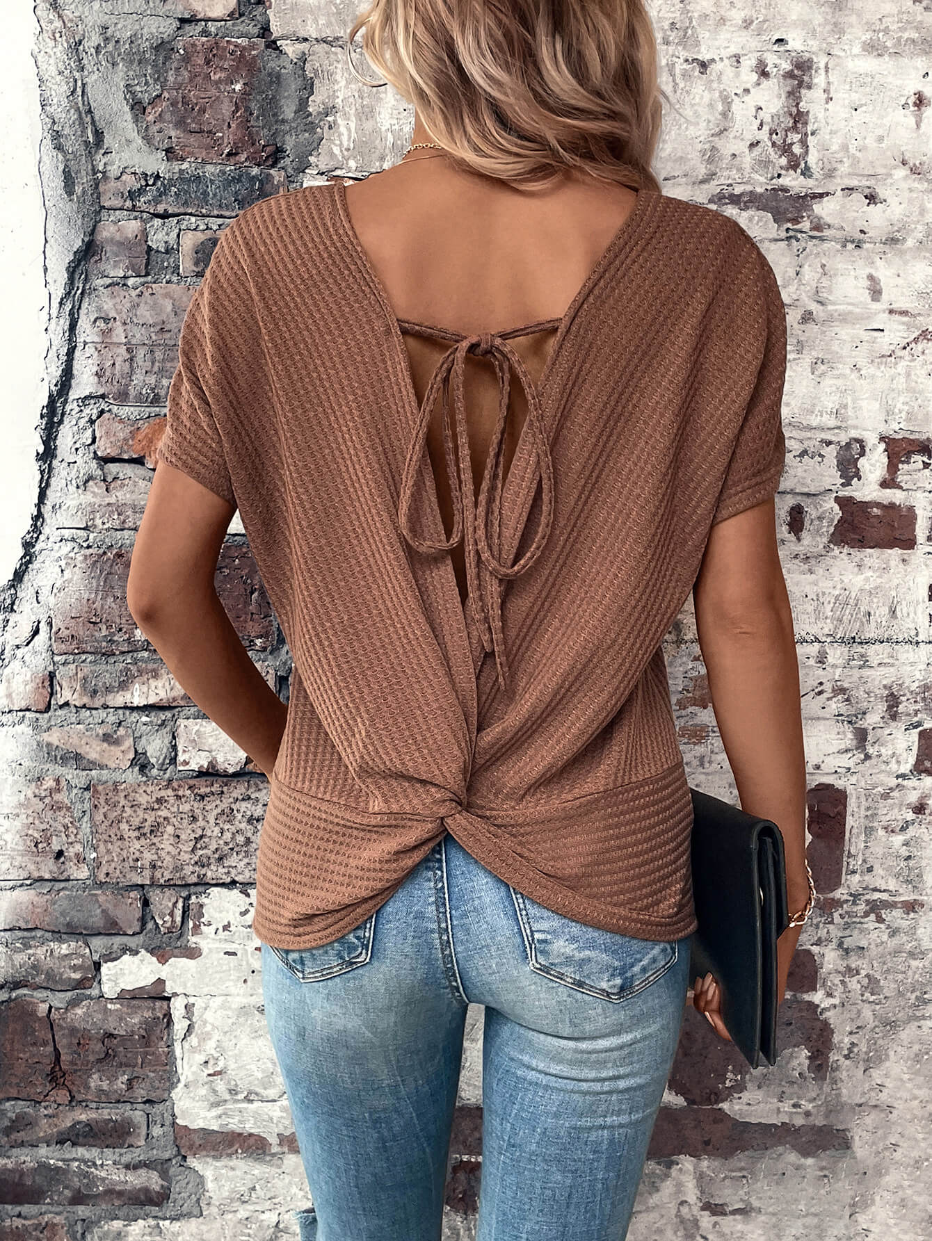 Women’s Twisted Back Tie Round Neck T-Shirt