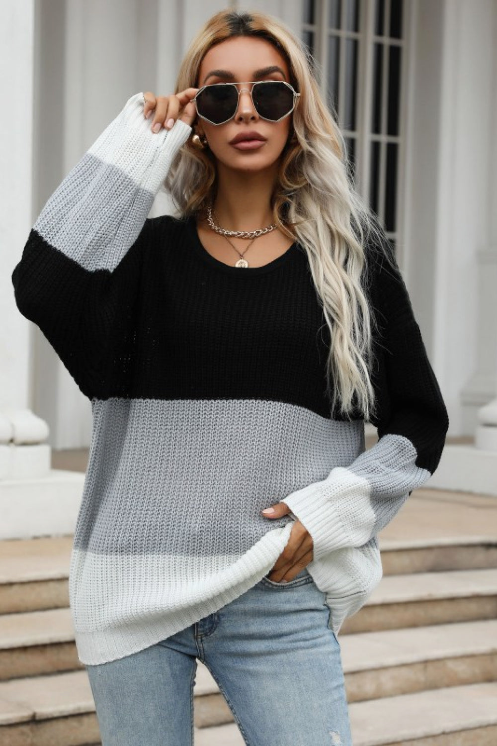 Women’s Color Block Long Sleeve Chunky Knit Sweater