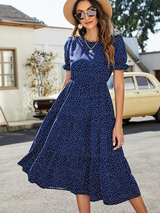 Women’s Polka Dot Short Flounce Sleeve Tiered Midi Dress