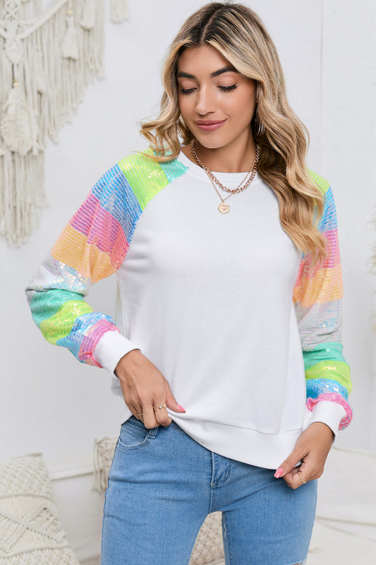 Women’s Round Neck Color Block Glitter Sleeve Sweatshirt