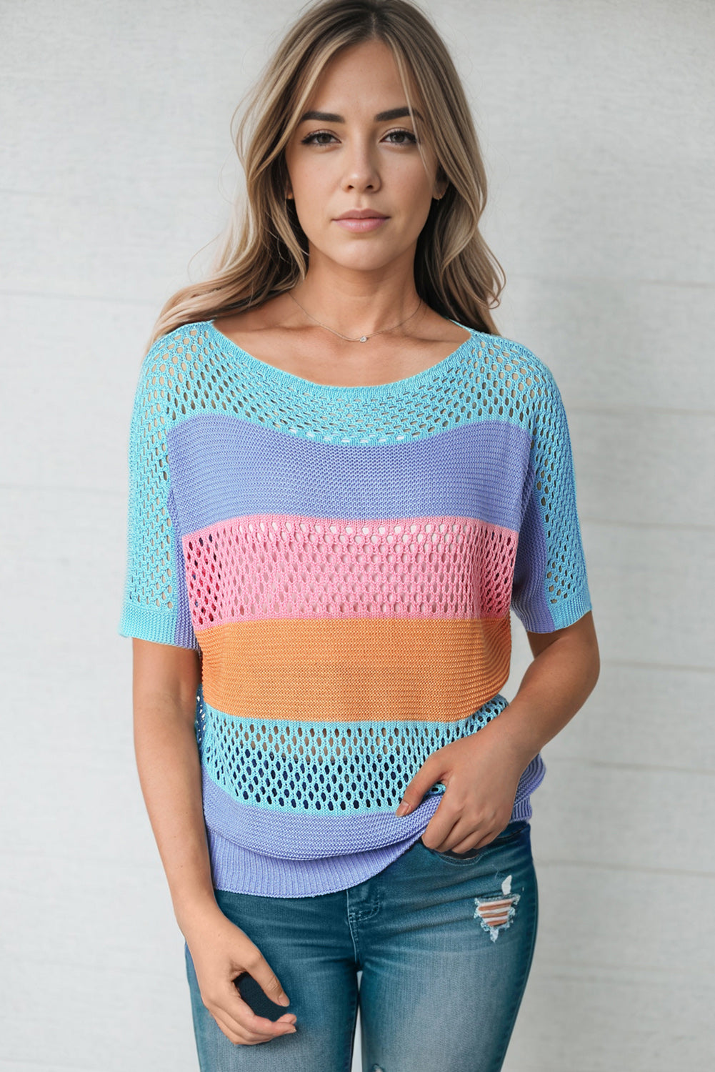 Women’s Color Block Openwork Round Neck Pullover Sweater