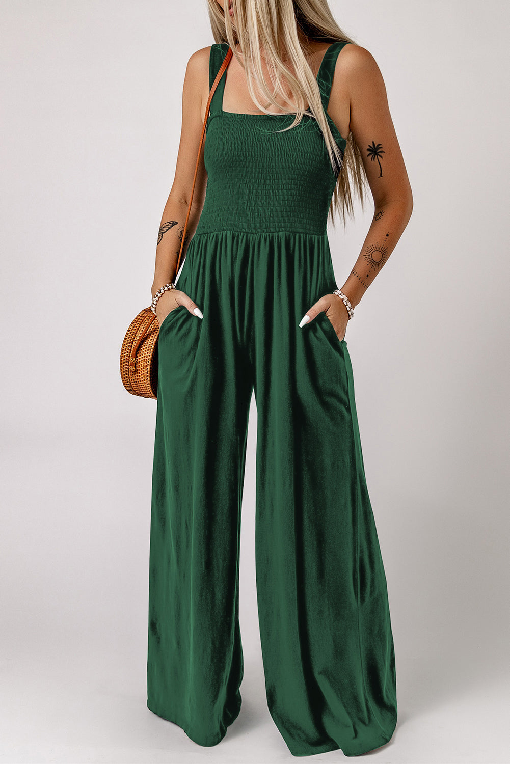 Women’s Smocked Square Neck Wide Leg Jumpsuit with Pockets