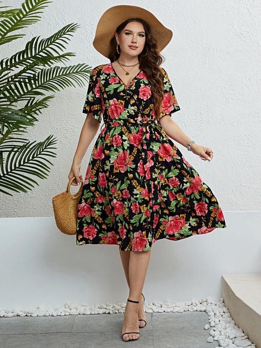 Women’s Plus Size Floral Tie Belt Surplice Dress