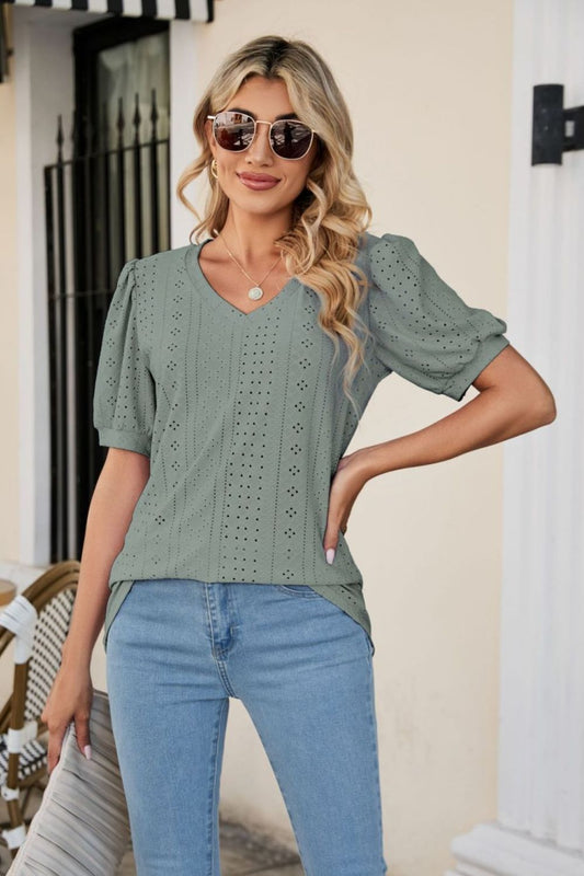 Women’s Eyelet Puff Sleeve V-Neck Top