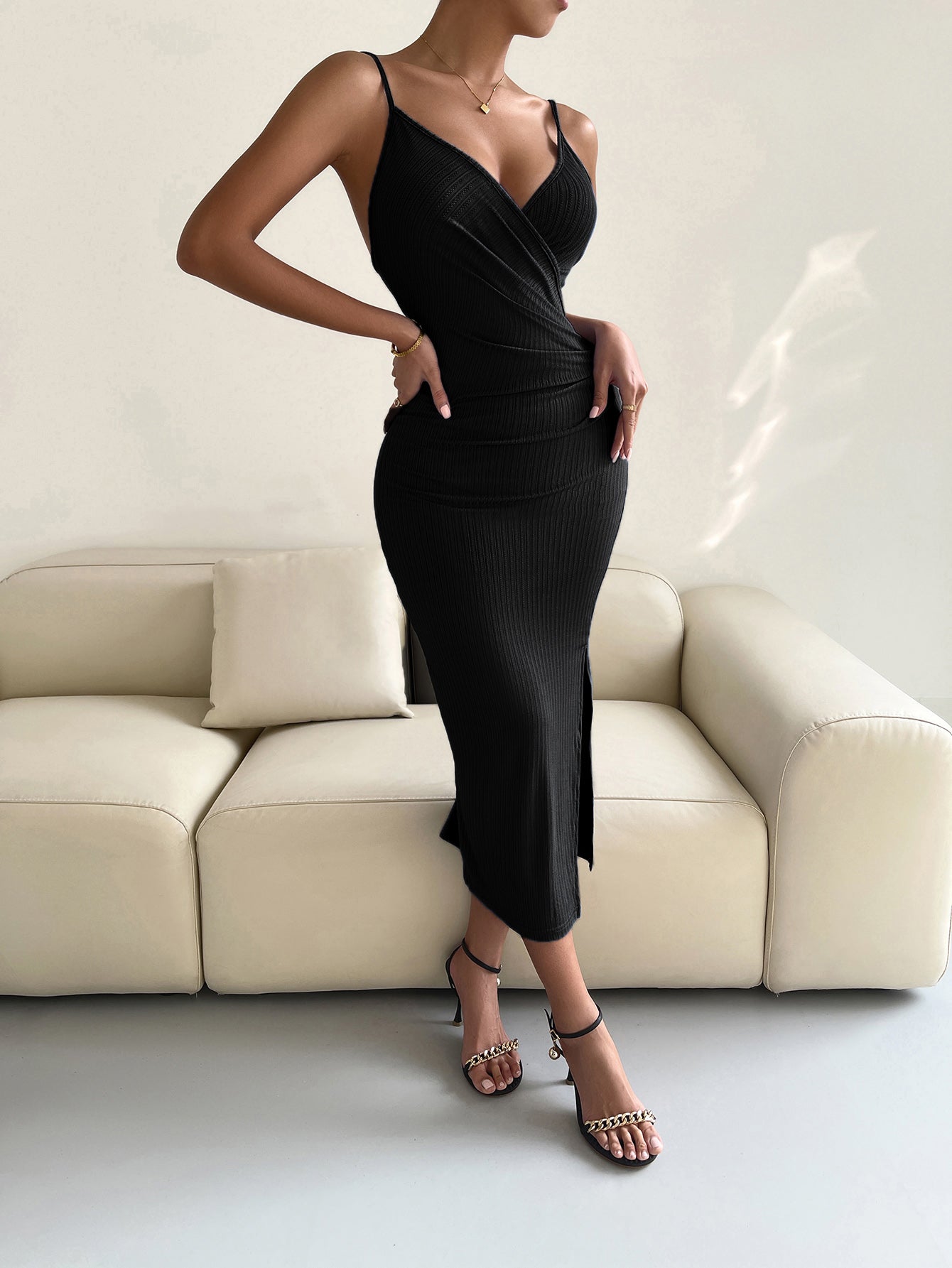 Women’s Spaghetti Strap Surplice Neck Slit Dress