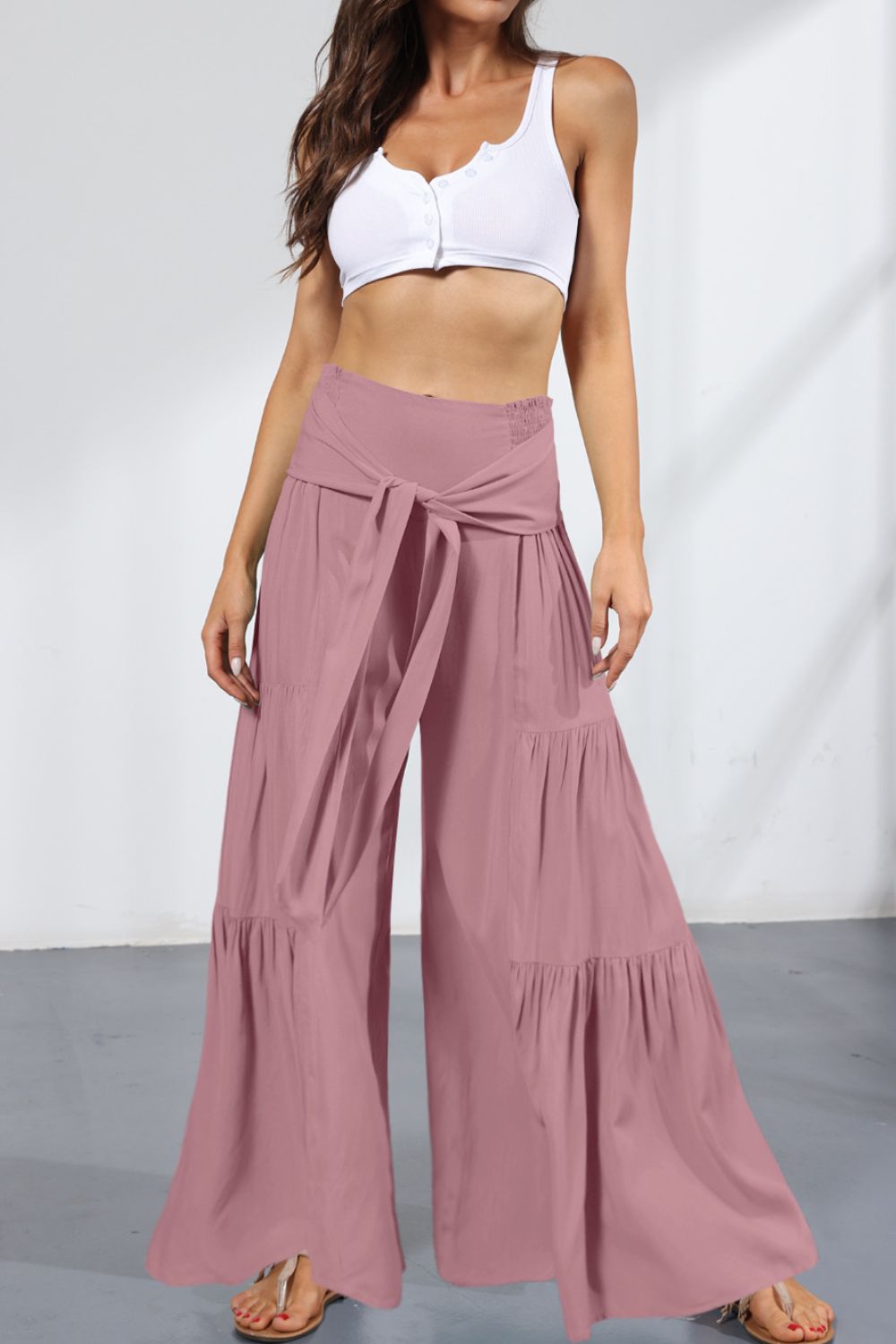 Women’s Tie Front Smocked Tiered Culottes