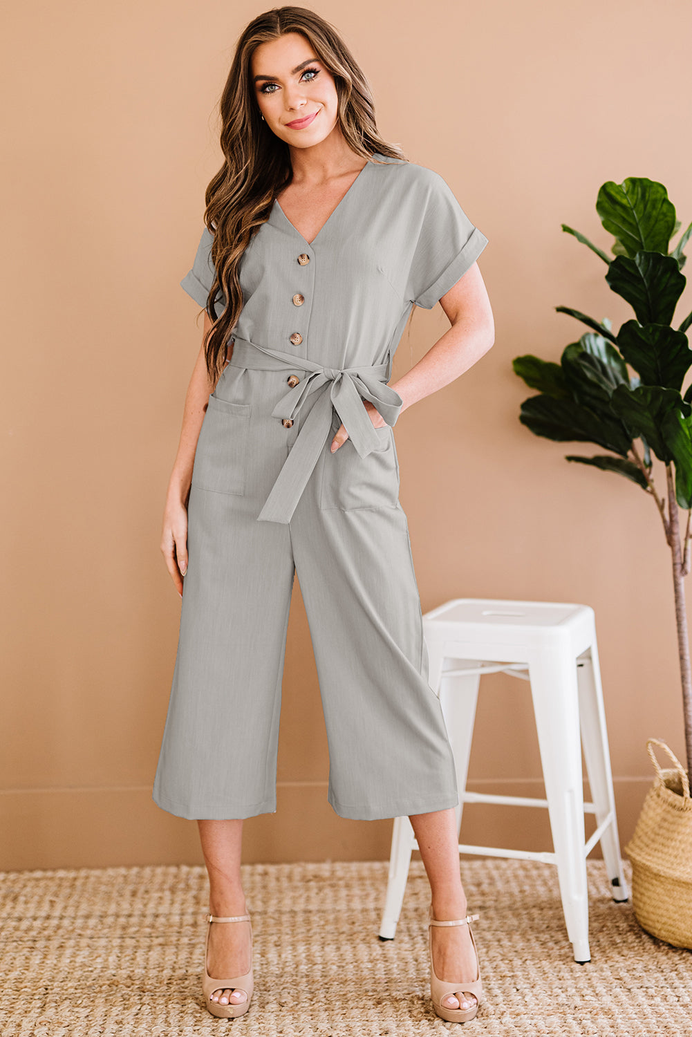 Women’s Button Front Belted Cropped Jumpsuit with Pockets