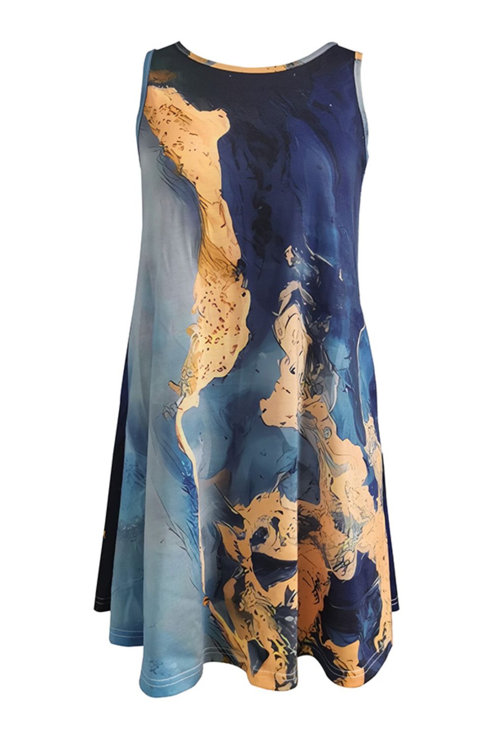 Women’s Abstract Print Round Neck Sleeveless Dress with Pockets