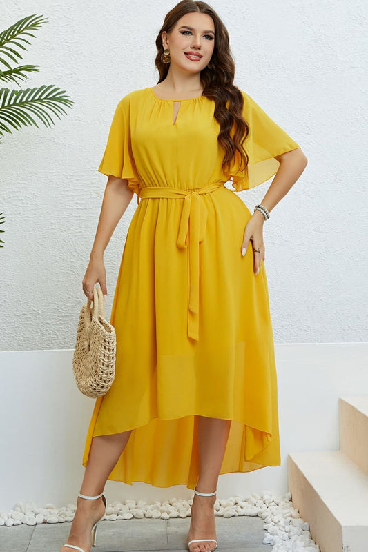 Women’s Belted Flutter Sleeve High-Low Dress