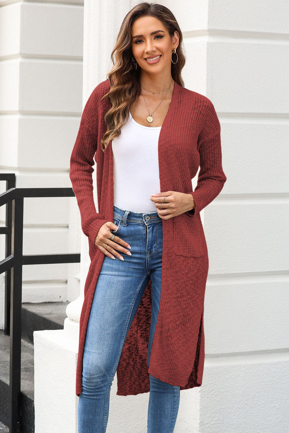 Women’s Open Front Slit Cardigan with Pockets