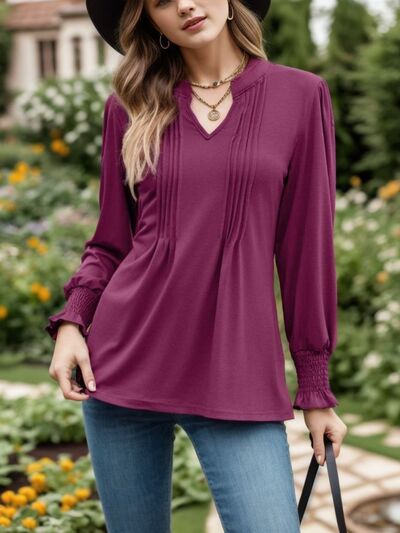 Women’s Notched Smocked Flounce Sleeve Blouse