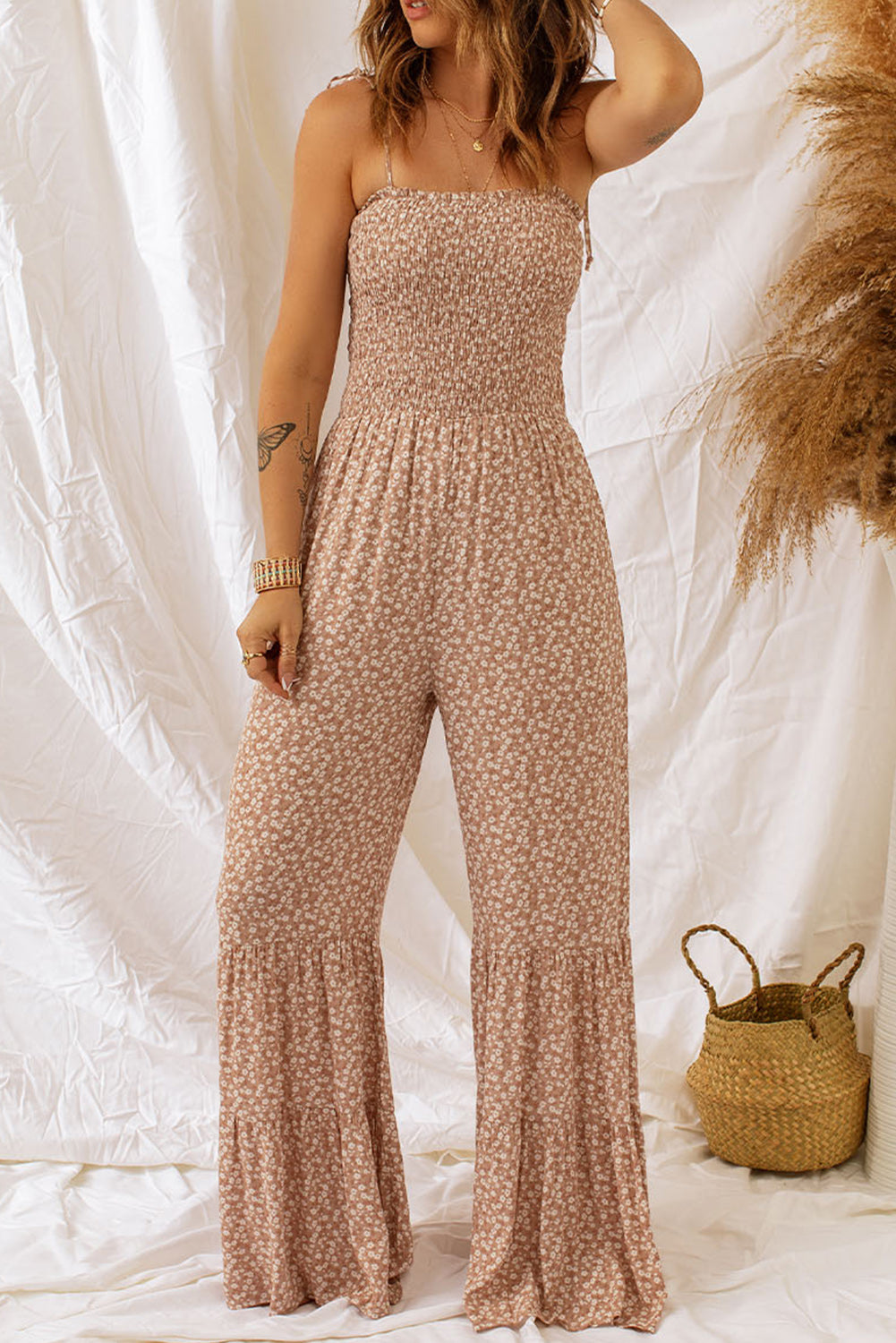 Women’s Floral Spaghetti Strap Smocked Wide Leg Jumpsuit