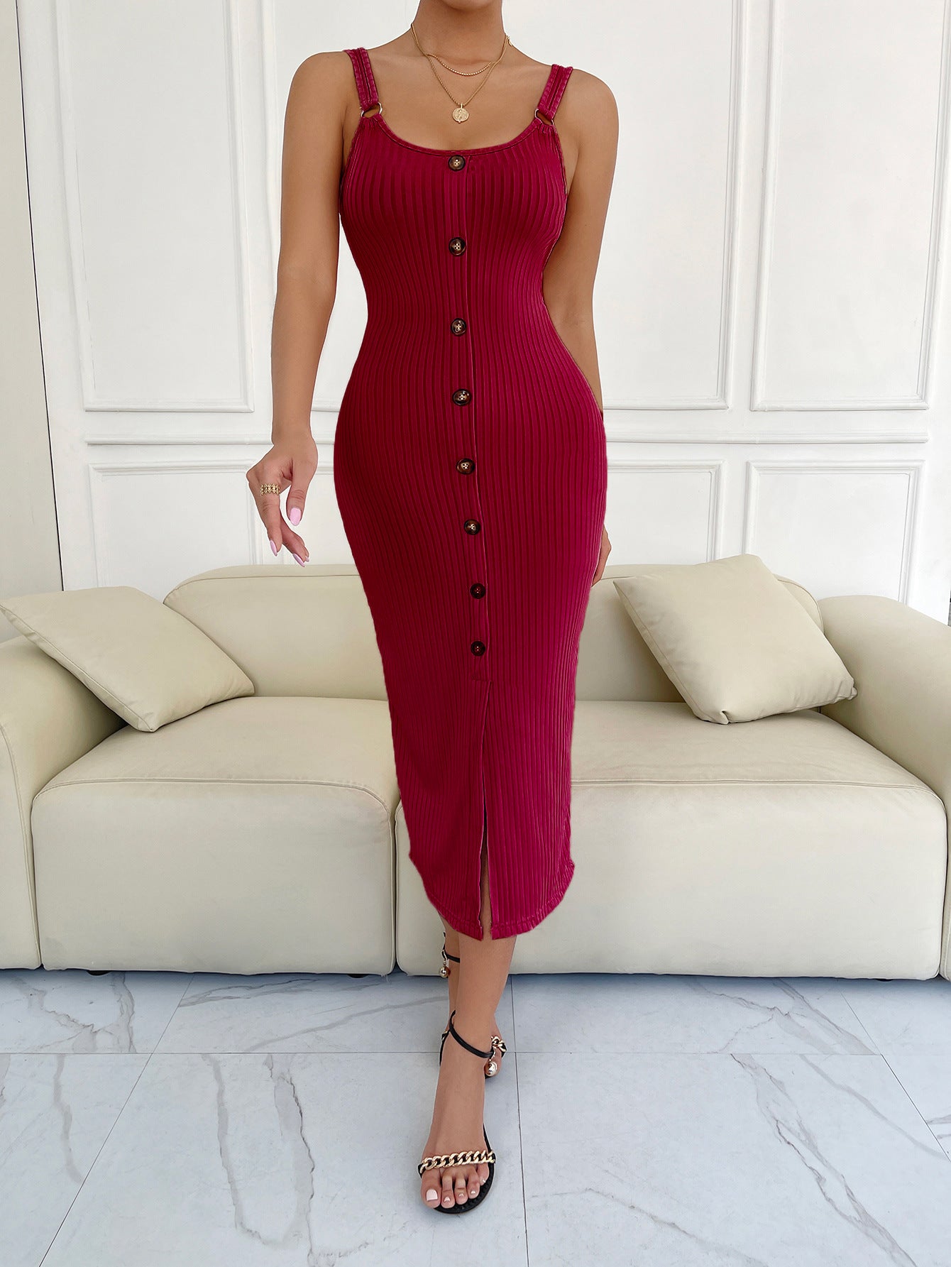 Women’s Decorative Button Slit Scoop Neck Sleeveless Dress