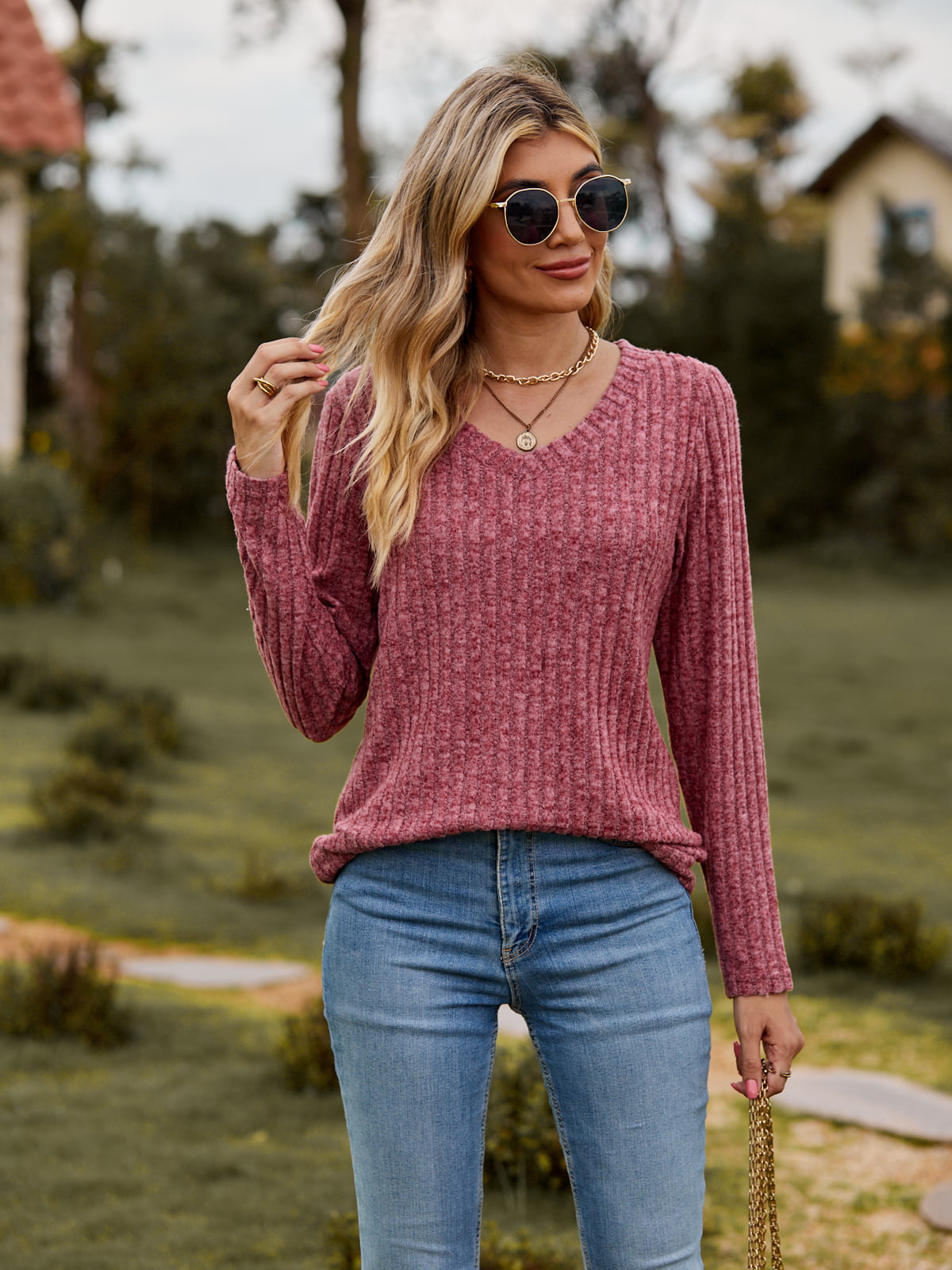 Women’s Ribbed V-Neck Long Sleeve Tee