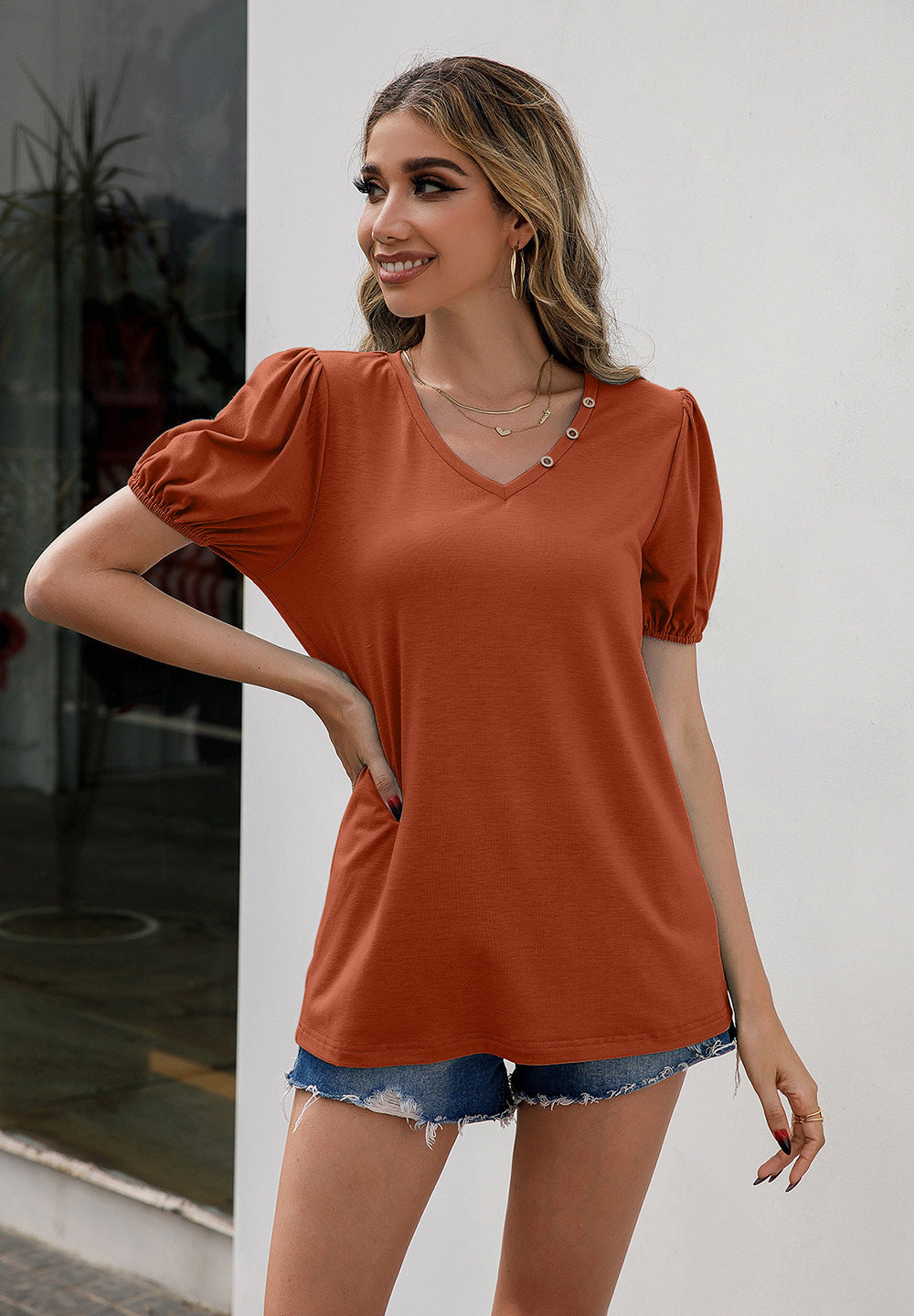 Women’s V-Neck Decorative Buttons Puff Sleeve Tee