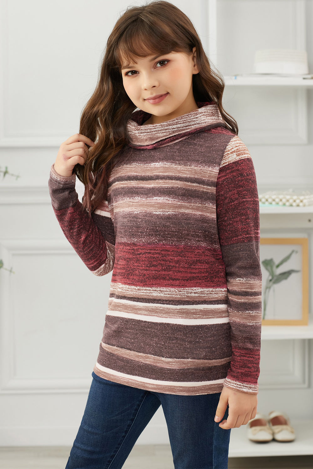 Children’s Girls Striped Cowl Neck Top with Pockets