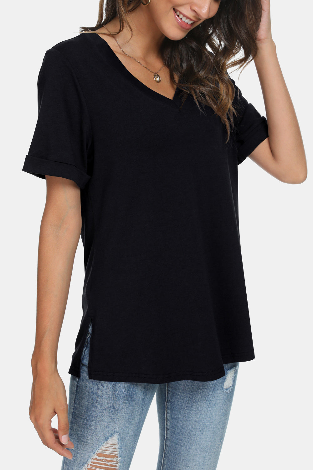 Women’s V-Neck Short Sleeve Slit T-Shirt