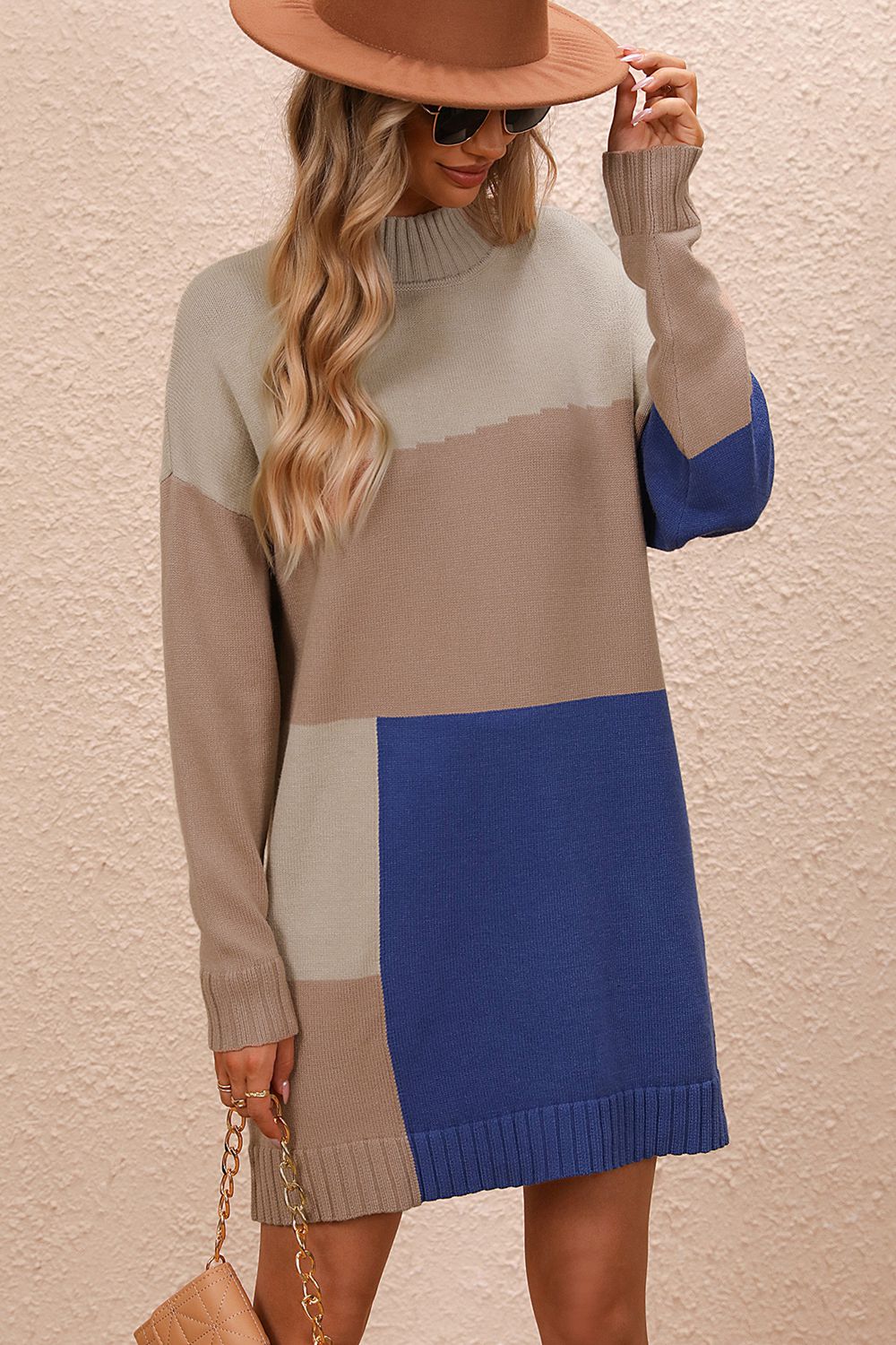 Women’s Color Block Mock Neck Dropped Shoulder Sweater Dress