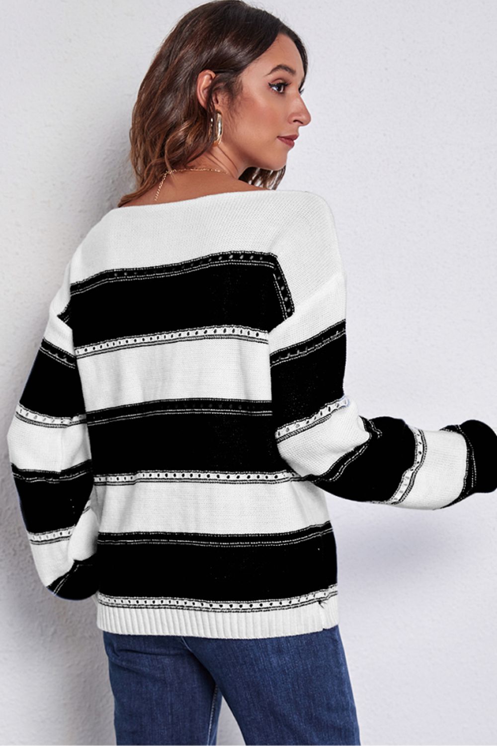 Women’s Striped Boat Neck Dropped Shoulder Sweater