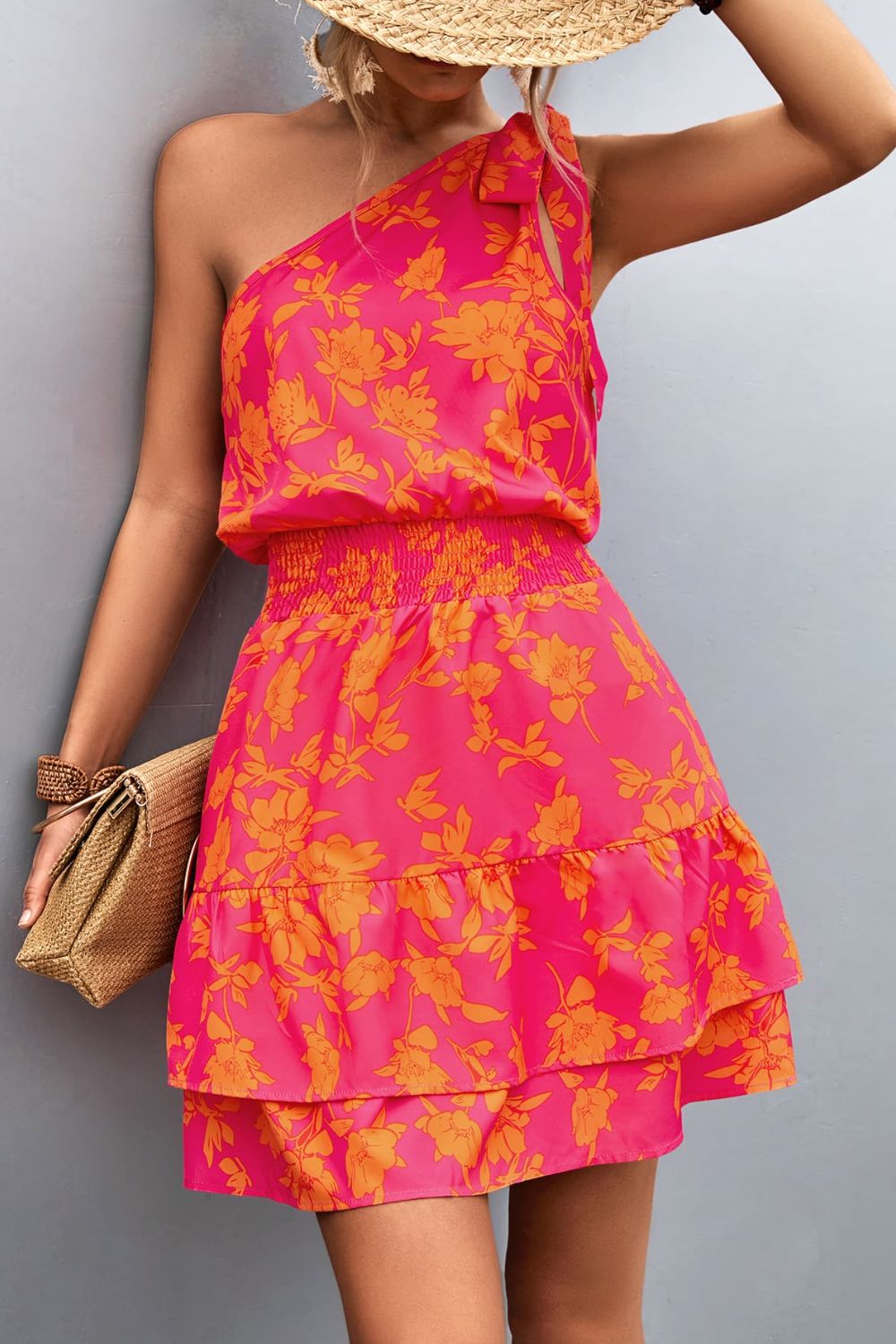 Women’s Floral Smocked Waist Tied One-Shoulder Dress