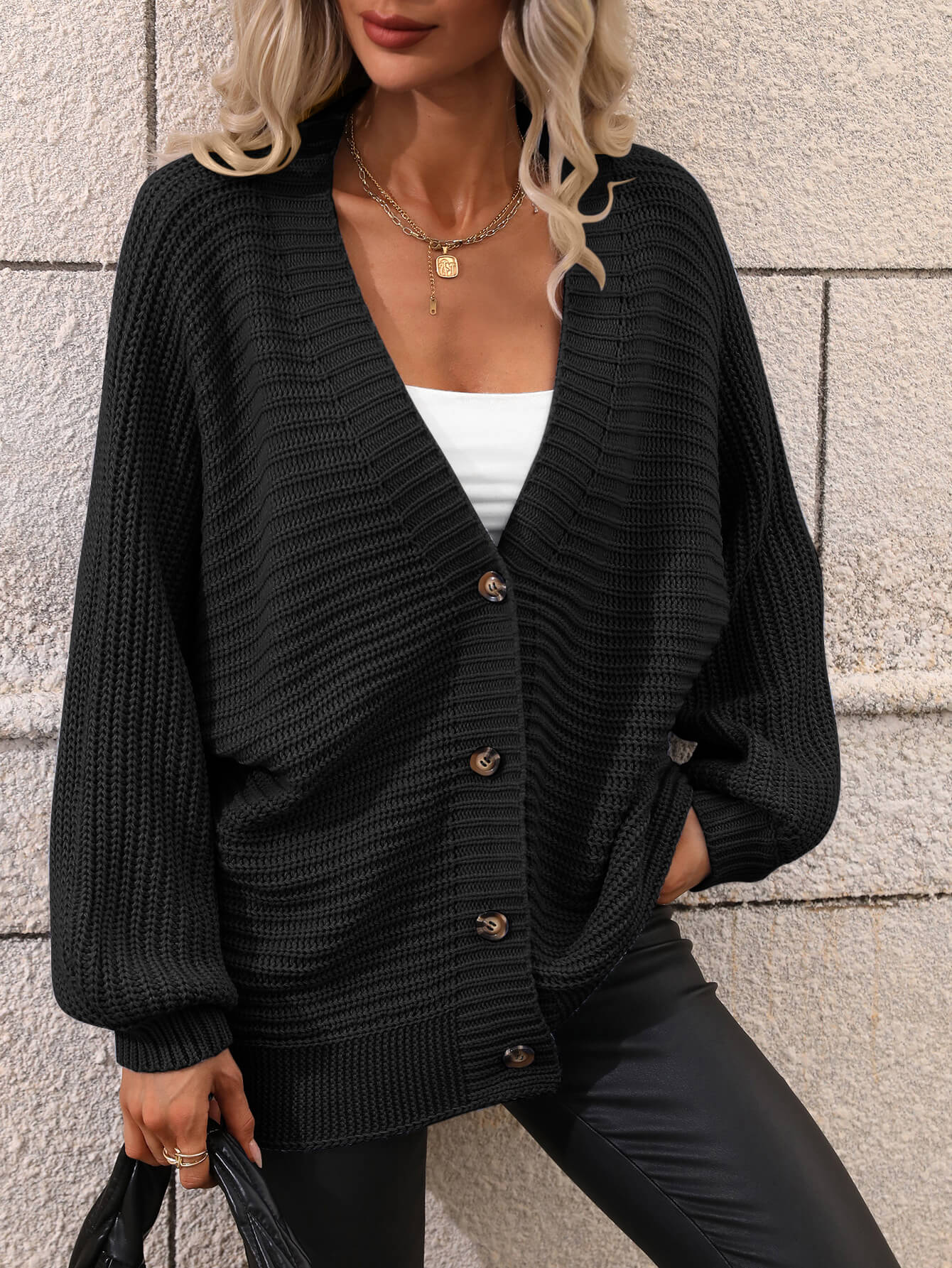 Women’s Button Down Horizontal-Ribbing Longline Cardigan