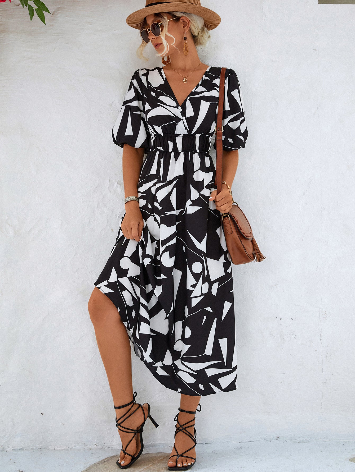 Women’s Printed Surplice Balloon Sleeve Dress