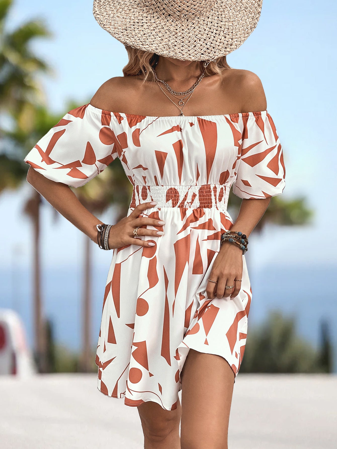 Women’s Printed Off-Shoulder Smocked Waist Dress