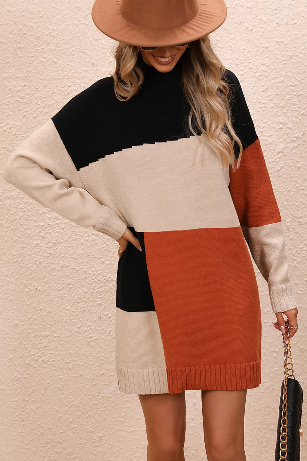 Women’s Color Block Mock Neck Dropped Shoulder Sweater Dress