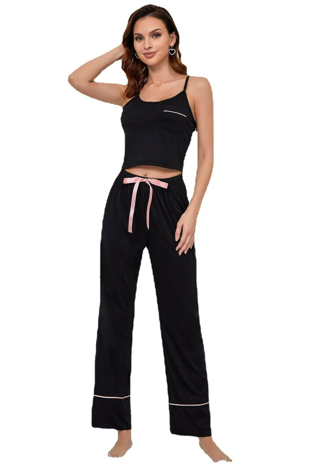 Women’s  Contrast Trim Cropped Cami and Pants Loungewear Set
